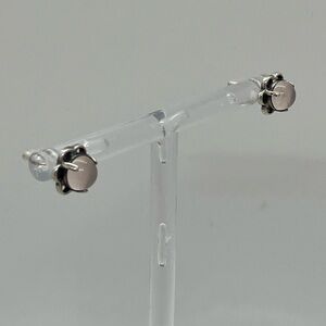 Vtg 925 Sterling Silver & Pink Quartz Cabochon Floral Stud Earrings